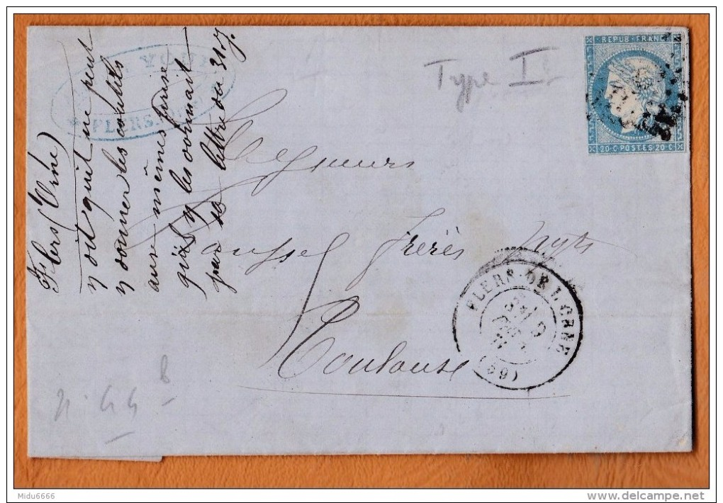 N° 44 EMISSION DE BORDEAUX SUR LETTRE 1871 CAD FLERS DE L´ ORNE POUR TOULOUSE - 1870 Bordeaux Printing