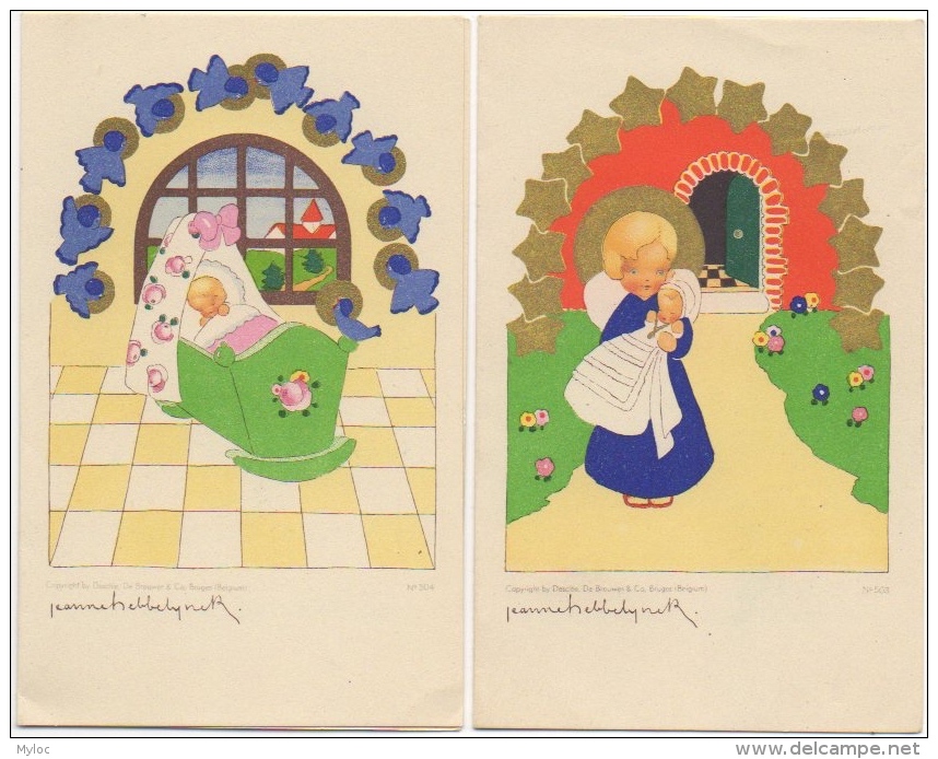 Faire-Parts Baptême &amp; Naissance. Illustrateur Jeannet Hebbelynck. Montigny-le-Tilleul/Uccle. 1943. Lot De 2. - Nacimiento & Bautizo