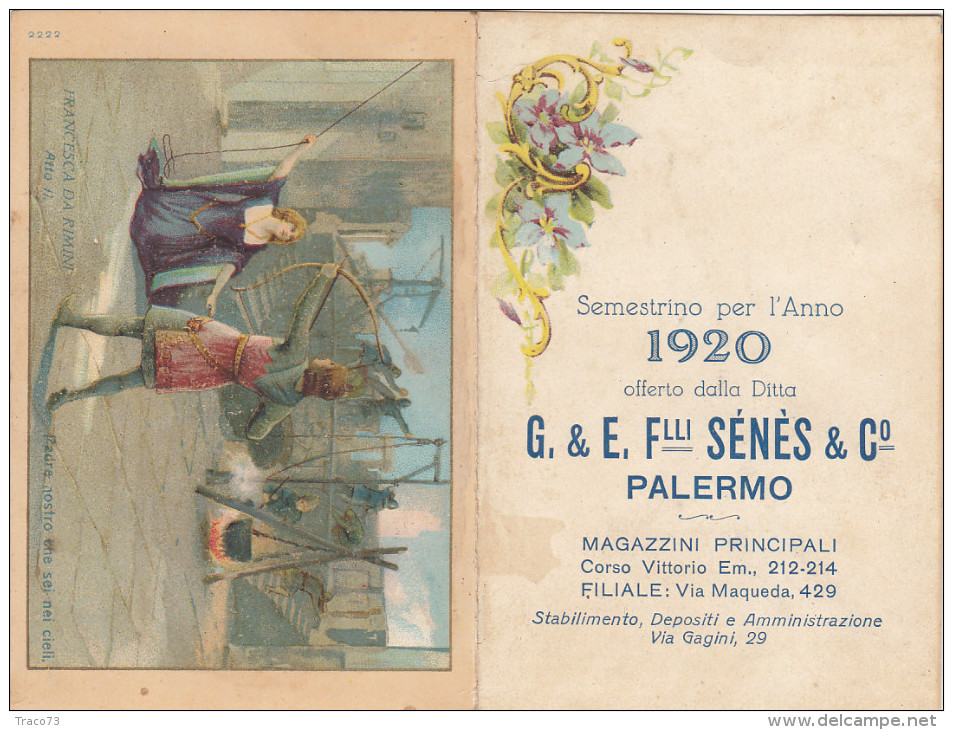 PALERMO 1920 - Calendario Pubblicitario /  G.& E. Flli Sénès & C. - Formato Piccolo : 1901-20