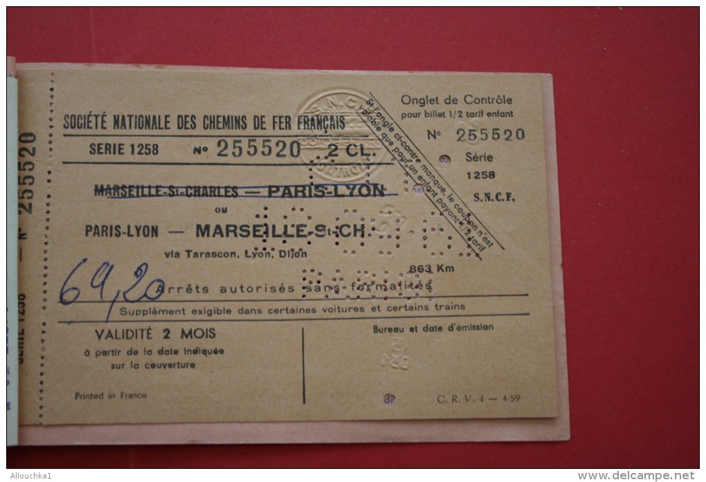 RARE SNCF SOCIETE NATIONALE CHEMIN DE FER FRANCAIS TICKET BILLET TITRE TRANSPORT PERFORE Bigliettto PARIS/MARSEILLE