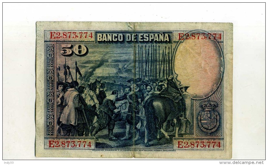 - ESPAGNE 1928 . BILLET 50 P. 1928 . - 50 Peseten