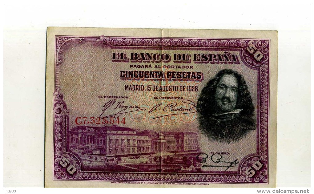 - ESPAGNE 1928 . BILLET 50 P. 1928 . - 50 Pesetas