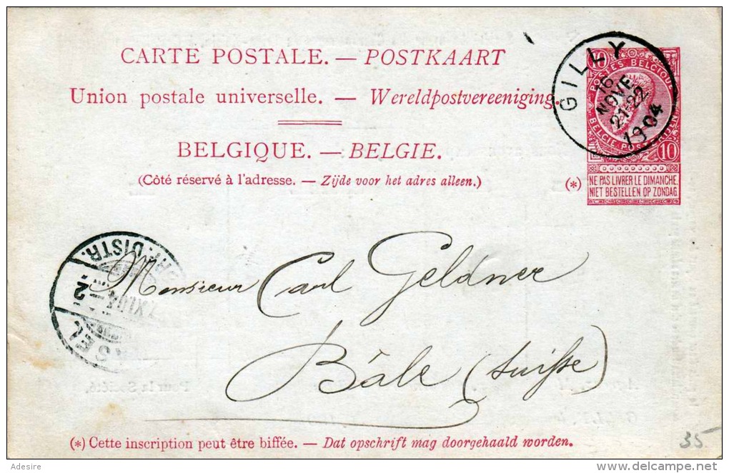 Belgien 1904 - 10 C Ganzsache Auf Pk V.Gilly N. Bäle - 1893-1907 Wappen