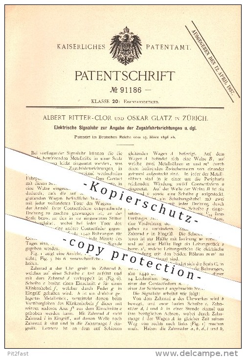 Original Patent - Albert Ritter-Clor Und Oskar Glatz In Zürich , 1896 , Elektrische Signaluhr , Uhr , Signal , Eisenbahn - Documents Historiques