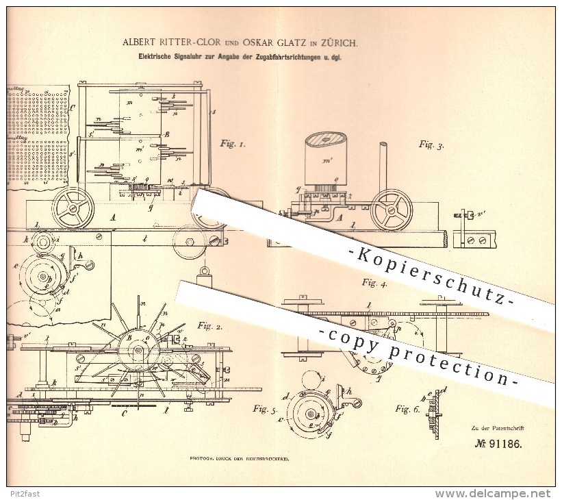 Original Patent - Albert Ritter-Clor Und Oskar Glatz In Zürich , 1896 , Elektrische Signaluhr , Uhr , Signal , Eisenbahn - Documents Historiques