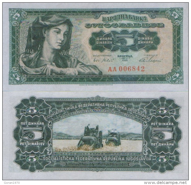 YUGOSLAVIA 5 Dinara 1965  UNC , P-77  But Larger Serial Number Numerals - Yougoslavie