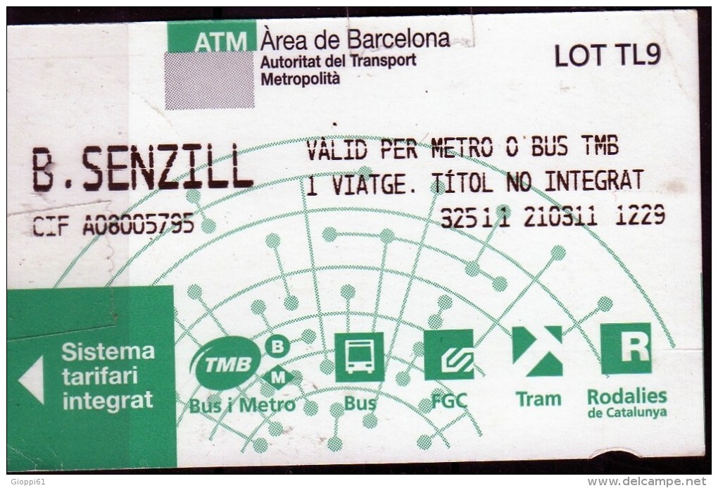 Biglietto Di Trasporto Autobus O Metropolitana (Barcellona) - Altri & Non Classificati