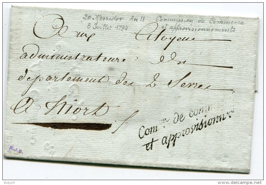 Marque De Franchise SENECHAL N°683 Com On De Commerce Et Approvisionnement  Sur LAC Du 08/07/1794 Pour NIORT - 1701-1800: Précurseurs XVIII