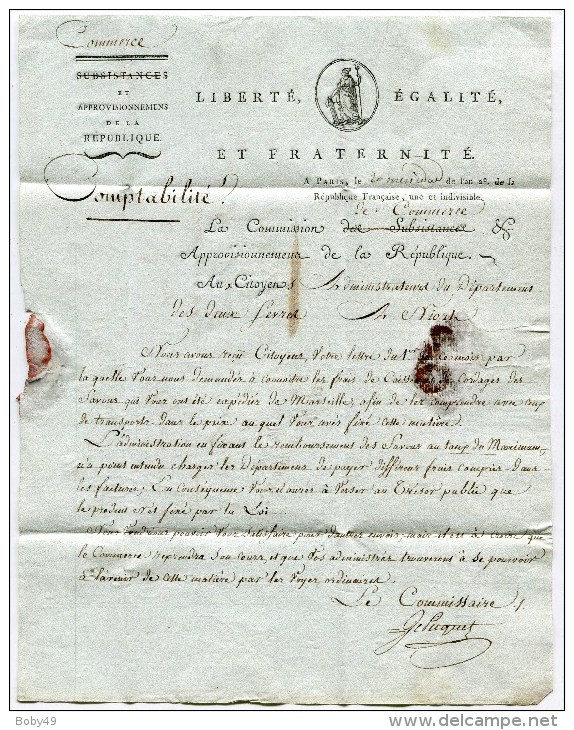 Marque De Franchise SENECHAL N°683 Com On De Commerce Et Approvisionnement  Sur LAC Du 08/07/1794 Pour NIORT - 1701-1800: Précurseurs XVIII