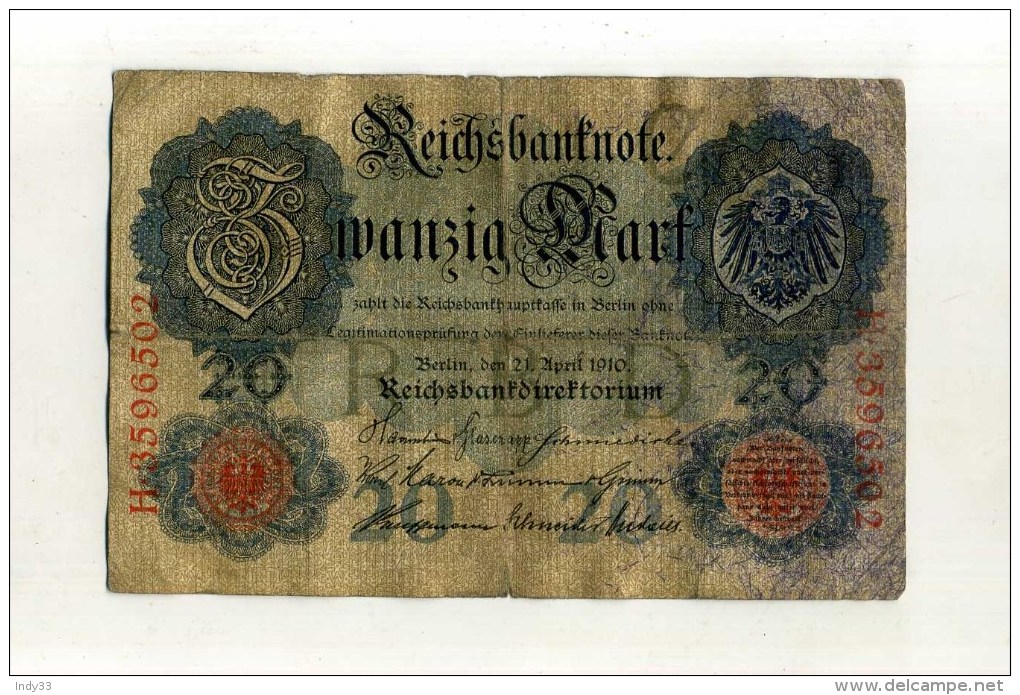 - ALLEMAGNE EMPIRE . BILLET 20 M. 1910 . - 20 Mark