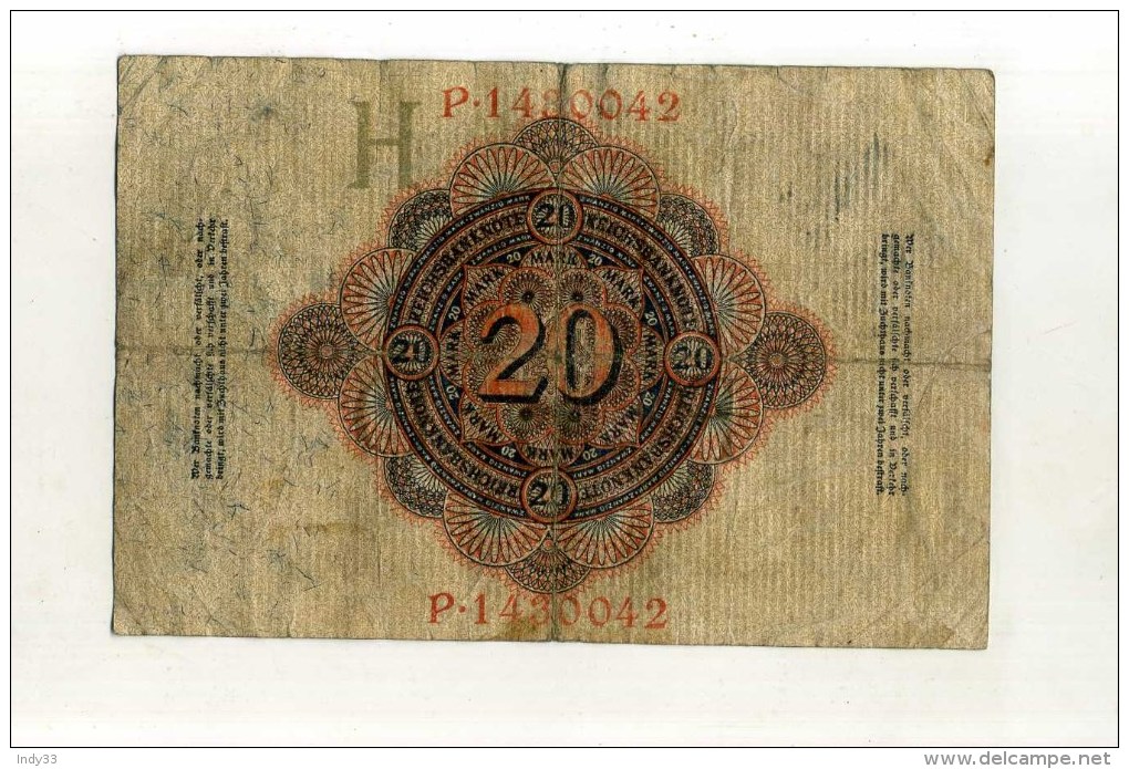 - ALLEMAGNE EMPIRE . BILLET 20 M. 1914 . - 20 Mark