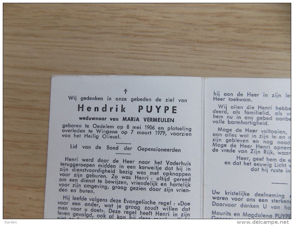 Doodsprentje Hendrik Puype Oedelem 8/5/1906 Wingene 7/3/1979 ( Maria Vermeulen ) - Religione & Esoterismo