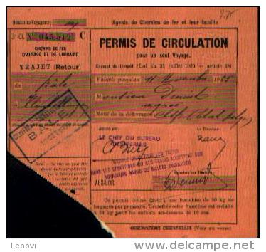 Chemin De Fer D’ALSACE-LORRAINE - Permis De Circulation Pour 1 Seul Voyage (11/11/1925) - Railway