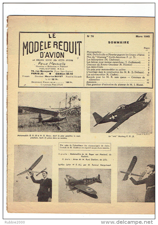 LE MODELE REDUIT D AVION 1945 PLAN DU MUSTANG NORTH AMERICAIN P 51 D HELICOPTERE MICROMODELE PLAN DE PLANEUR BLUZAT - Frankrijk