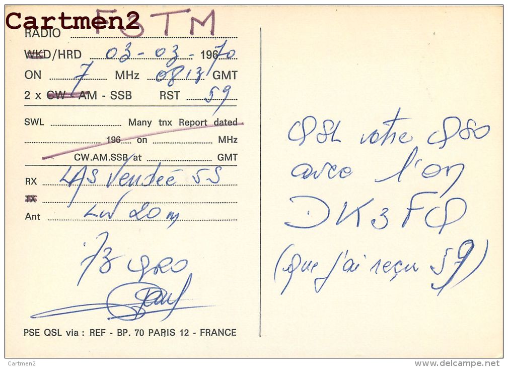 CARTE RADIO AMATEUR QSL PAUL BAILLY 14 RUE OUDINOT PARIS 7e - Radio Amateur