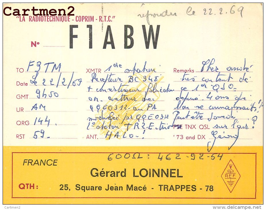 CARTE RADIO AMATEUR QSL GERARD LOINNEL SQUARE JEAN MACE TRAPPES - Radio Amateur