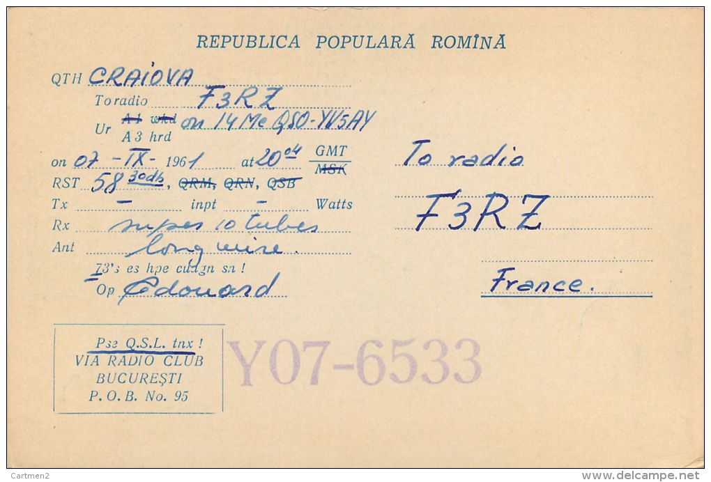 CARTE RADIO AMATEUR QSL ROUMANIE ROMANIA BUCURESTI BUCHAREST BUCAREST - Radio Amateur