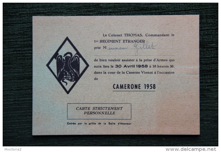 LEGION ETRANGERE, AUBAGNE, Caserne VIENOT 1958, CAMERONE, Invitation Prise D´Armes - Autres & Non Classés