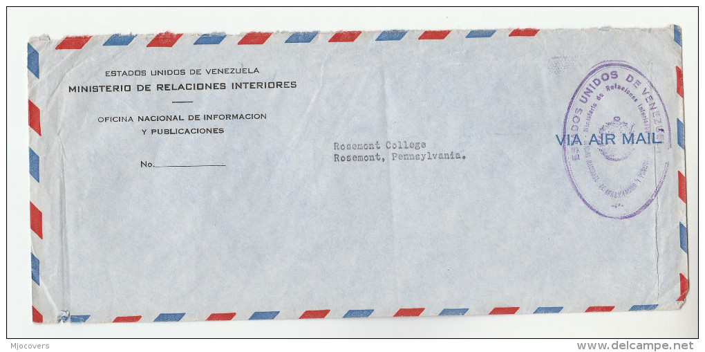 Air Mail VENEZUELA  COVER Official Paid MINISTERIO DE RELACIONES INTERIORES To USA - Venezuela