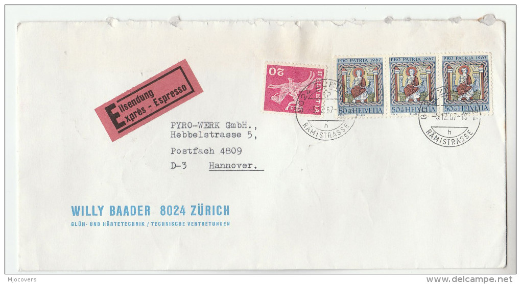 1967 EXPRESS SWITZERLAND COVER Stamps 3x 50+10 Pro Patria RELIGION 1x 20 To Germany - Covers & Documents