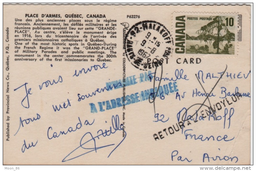 1967 - Cachet Receveur  - N'habite Plus à L Adresse Indiquée - Retour à L 'envoyeur -  Carte Place D'armes Québec Canada - Plaatfouten En Curiosa