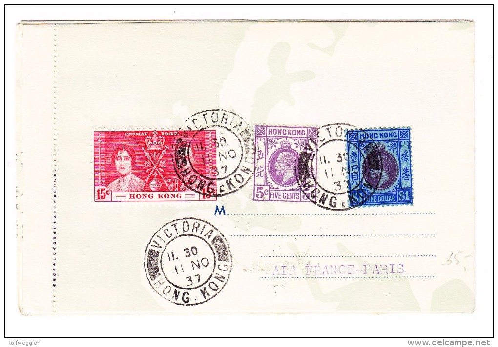 4 Destinationen Faltbrief Ankunft 11.11.1937 Hongkong Aus Paris Via New-York Und Natal - Lettres & Documents