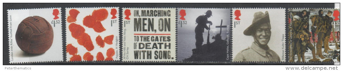 U.K. , 2015, MNH, WWI, PART II, SOLDIERS,TROOPS, FOOTBALL, GALLIPOLI, 6v - WW1