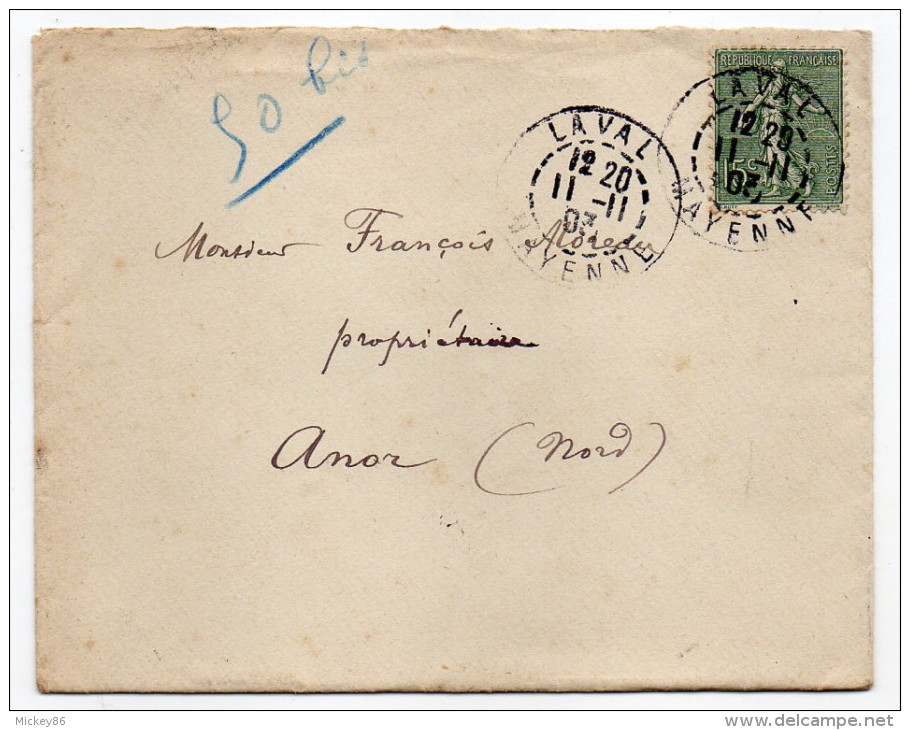 1903-lettre De LAVAL-53 Pour ANOR-59--tp N°130 Semeuse Lignée 15c-beau Cachet Manuel  LAVAL-11-11-03-- - 1877-1920: Semi Modern Period