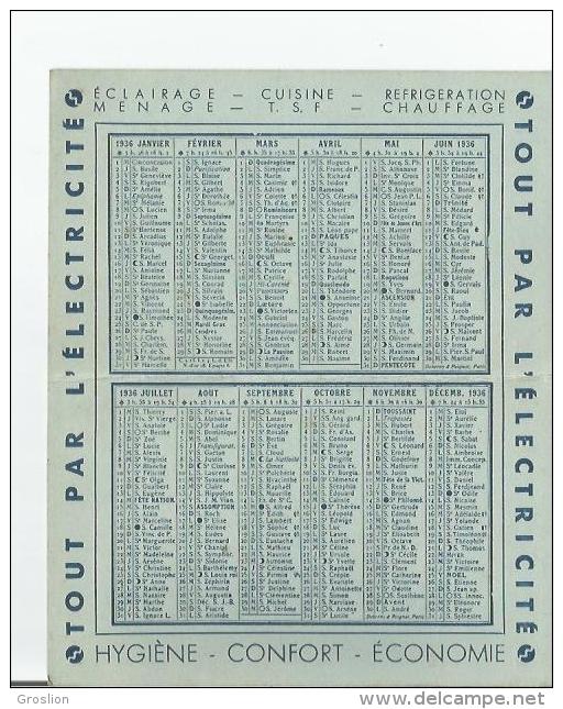 CALENDRIER PUBLICITAIRE (TOUT POUR L´ELECTRICITE) 1936  (CUISINIERE. POSTE DE  TSF) - Formato Piccolo : 1921-40