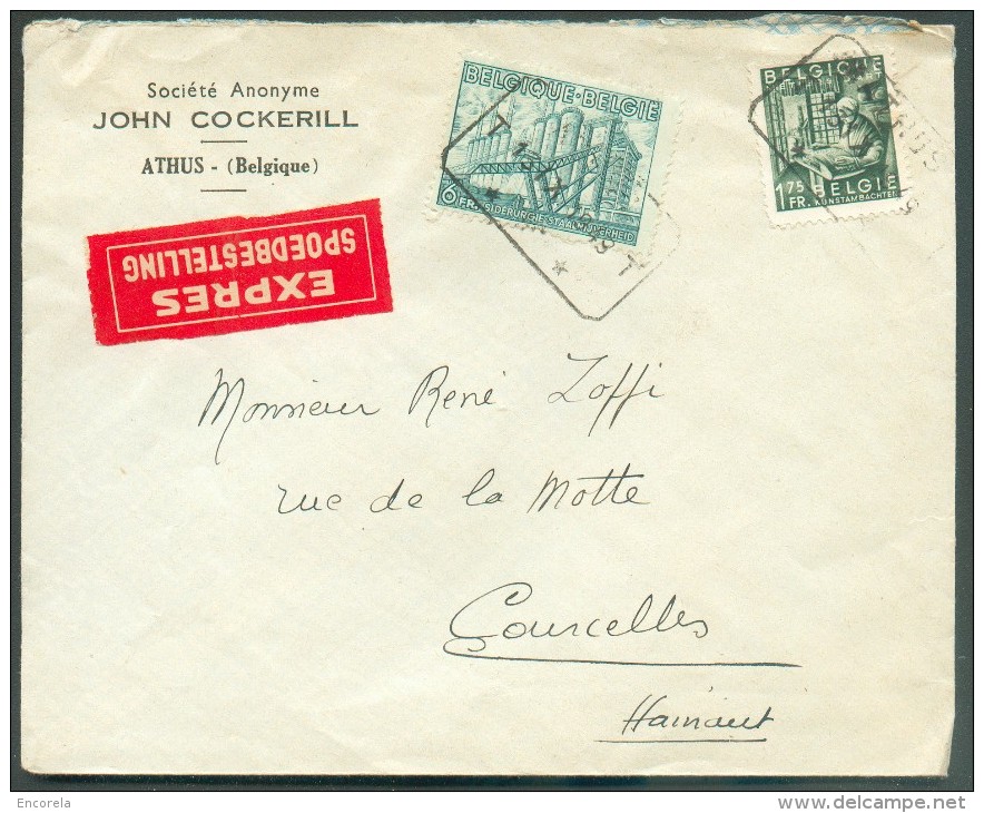 1Fr.75 Et 6Fr. Industrie Obl. Télégraphique ATHUS T * T Sur Lettre Exprès (Soc. John COCKERILL) Du 13-IX-1949 Vers Courc - 1948 Exportation