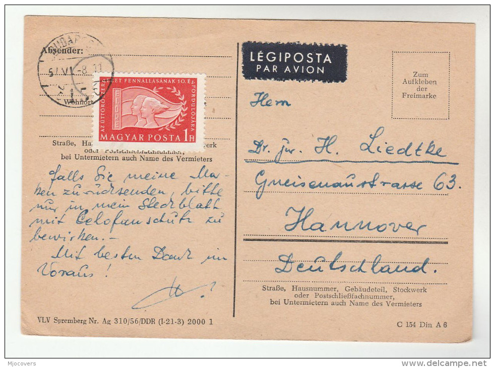 1957 Air Mail HUNGARY  COVER (card) 1ft Pioneers Stamps To Germany Airmail Label - Covers & Documents