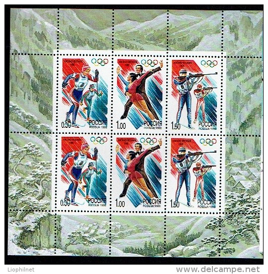 RUSSIE RUSSIA 1998, J.O. NAGANO, SKI PATINAGE BIATHLON  Feuillet De 6 Valeurs, Neuf / Mint. R682 - Blocks & Sheetlets & Panes