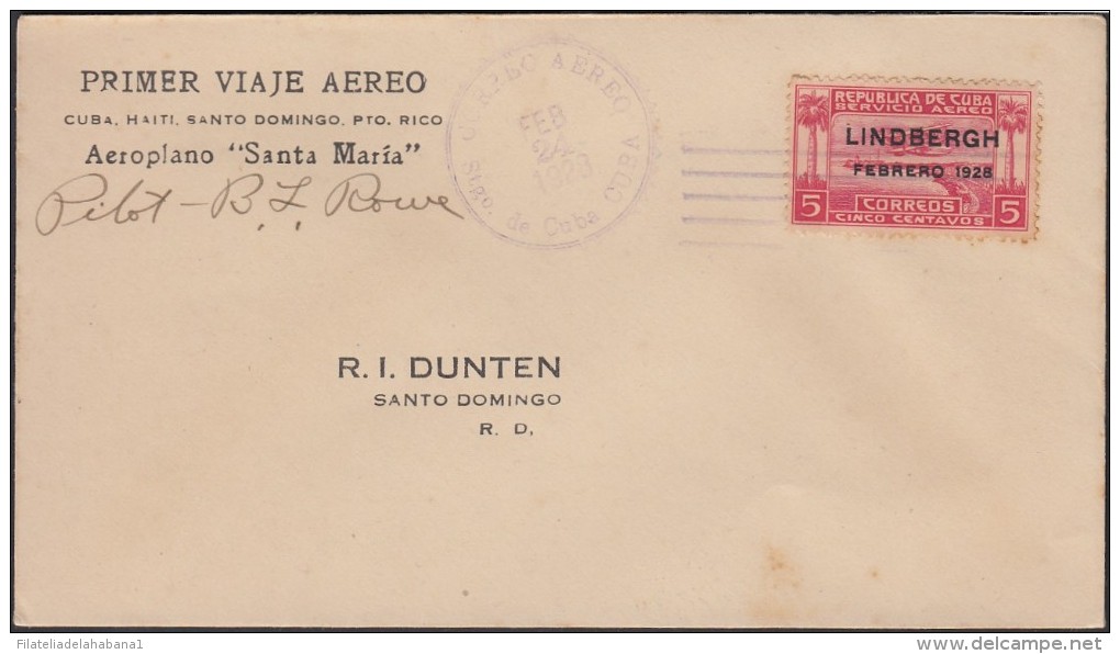 1928-PV-15 CUBA FIRT FLIGHT TO DOMINICANA REP 1928 FEB 24. SIGNED PILOT ROWE - Poste Aérienne