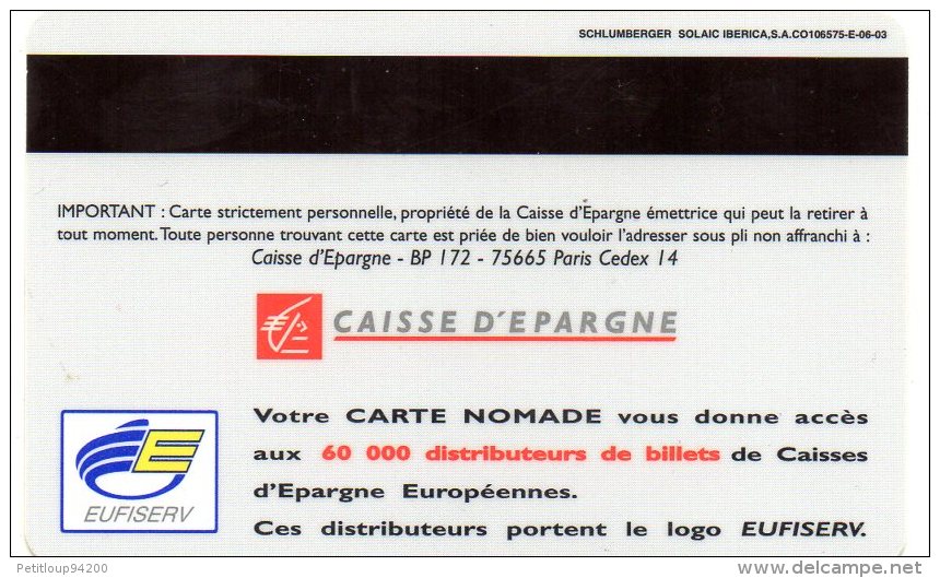 CARTE BANCAIRE CAISSE D'EPARGNE Carte Nomade - Tarjeta Bancaria Desechable