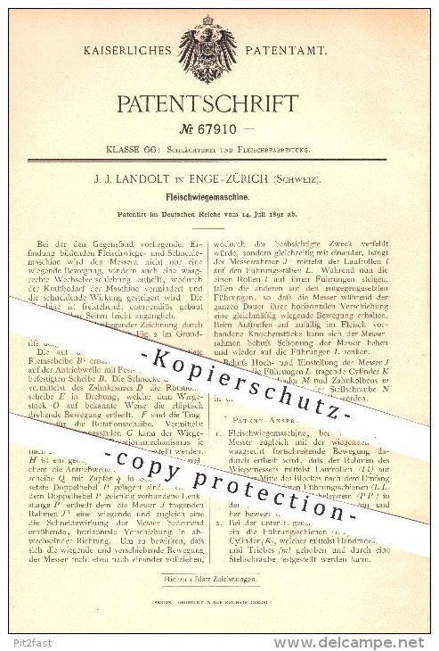 Original Patent - J. J. Landolt , Enge - Zürich , Schweiz , 1892 , Fleischwiegemaschine , Fleisch , Fleischwaage , Waage - Documents Historiques