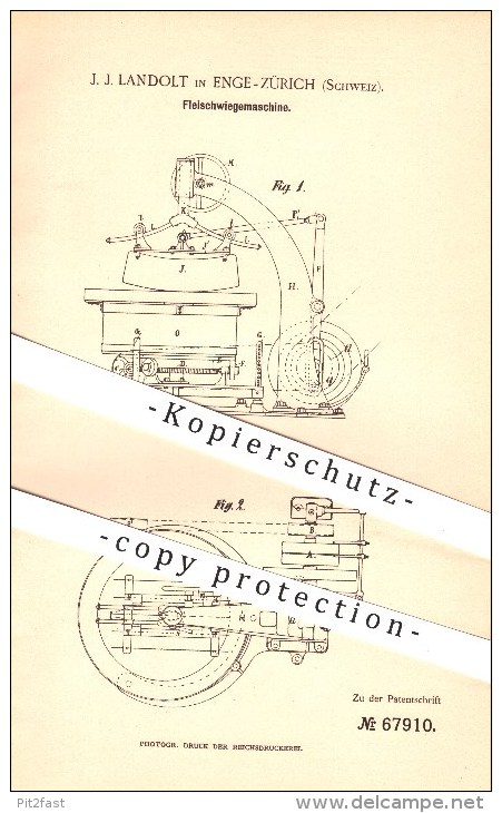Original Patent - J. J. Landolt , Enge - Zürich , Schweiz , 1892 , Fleischwiegemaschine , Fleisch , Fleischwaage , Waage - Documenti Storici