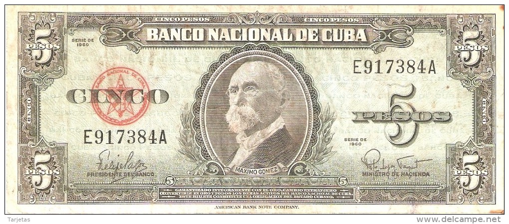 BILLETE DE CUBA DE 5 PESOS DEL AÑO 1960   (BANKNOTE)  MAXIMO GOMEZ - Cuba