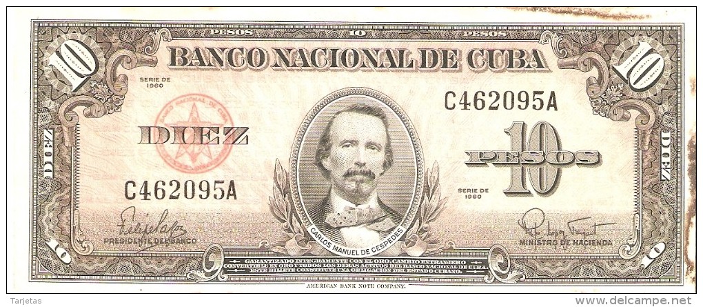 BILLETE DE CUBA DE 10 PESOS DEL AÑO 1960 DE CARLOS MANUEL CESPEDES  (BANK NOTE) - Cuba