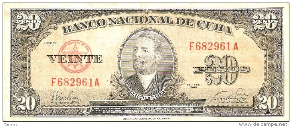 BILLETE DE CUBA DE 20 PESOS  DEL AÑO 1949    (BANKNOTE-BANK NOTE) - Cuba