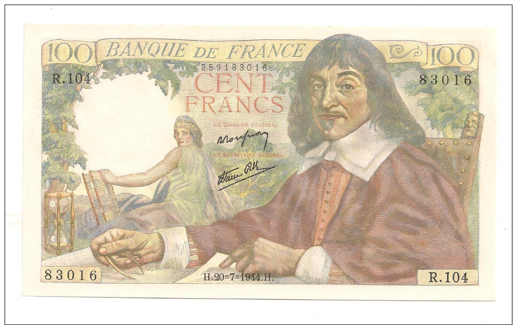 BILLET De 100 Francs  DESCARTES Du 20.07.1944  NEUF. - 100 F 1942-1944 ''Descartes''