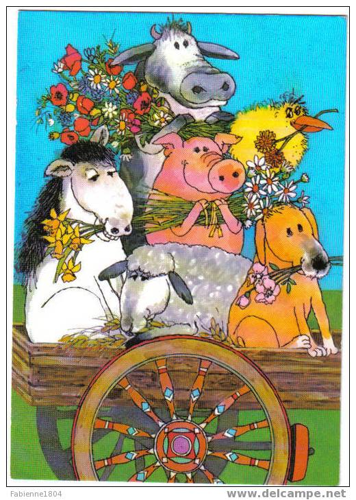 VACHE COCHON CHEVAL MOUTON CHIEN POULET ANIMAUX DE LA FERME CAMPAGNE CHARETTE ET BOUQUET DE FLEURS CPSM HUMOUR - Animaux Habillés