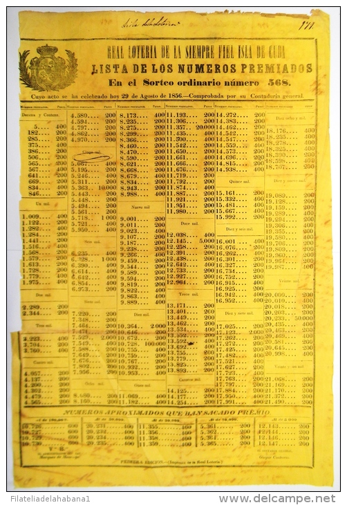 BON100 CUBA ESPAÑA SPAIN ANTILLES LOTTERY LARGE POSTER 1856 #568 47x31cm. - Lottery Tickets