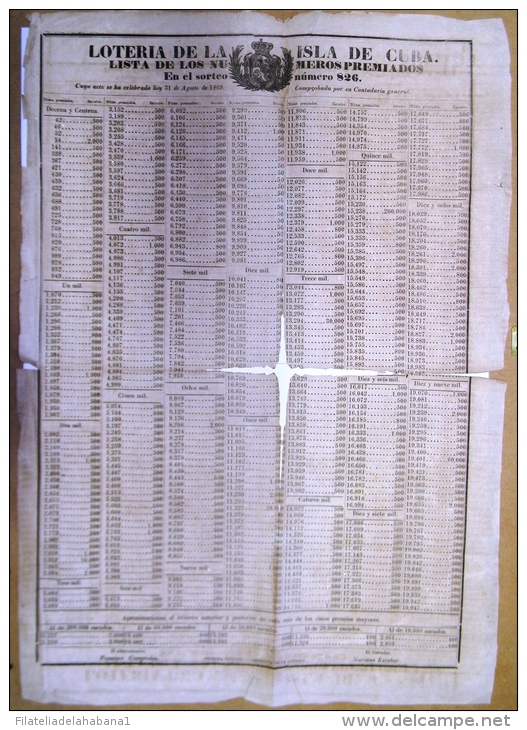 BON101 CUBA ESPAÑA SPAIN ANTILLES LOTTERY LARGE POSTER 1869 #826 43x62cm. - Lottery Tickets