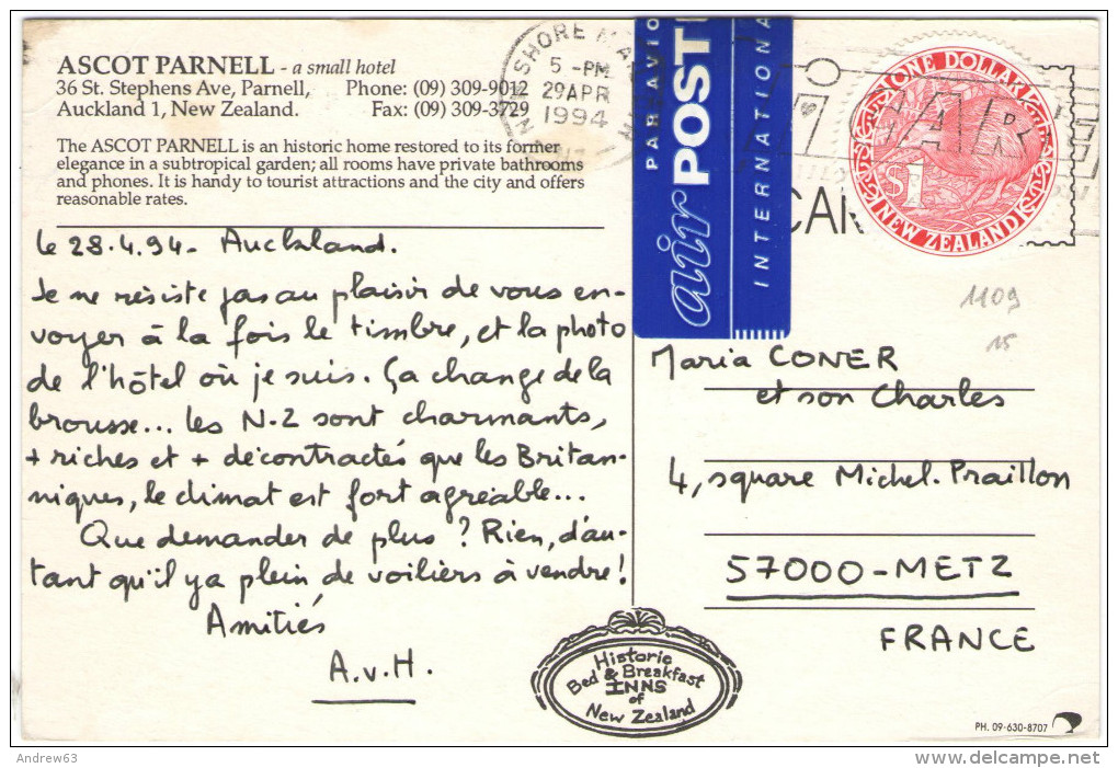 NUOVA ZELANDA - NEW ZEALAND - 1994 - Air Mail - One Dollar - Auckland Ascot Parnell, A Small Hotel - Viaggiata Da Nor... - Nuova Zelanda