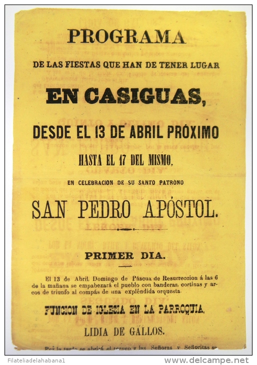 BON104 CUBA ESPAÑA SPAIN LARGE POSTER PROGRAMA FIESTAS DE CASIGUAS 60x21.5cm. CIRCA 1860 - Billetes De Lotería