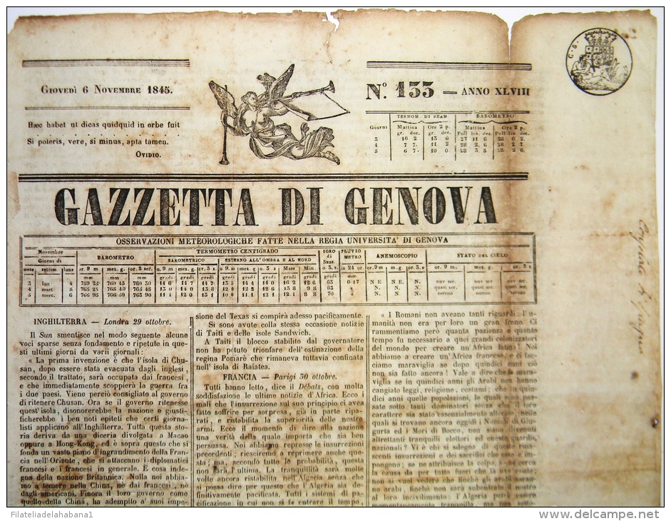 BON106 ITALIA ITALY NEWS PAPER WHITH POST PAID MARCK 1845 GAZZETA D GENOVA 40x29 - Unclassified