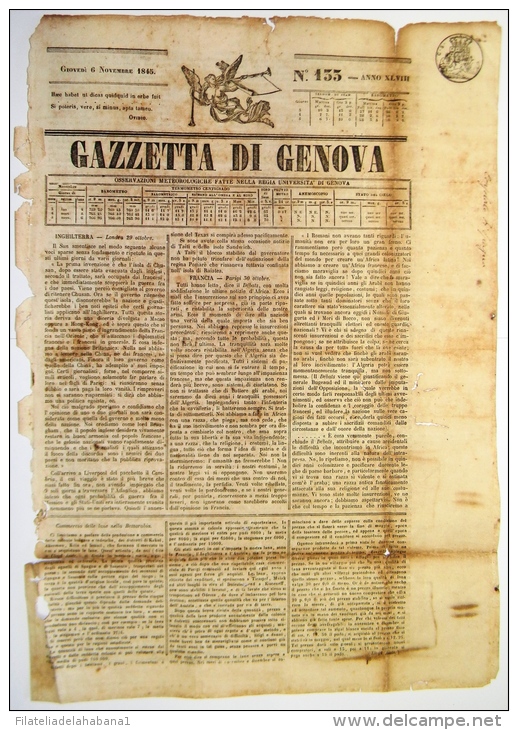 BON106 ITALIA ITALY NEWS PAPER WHITH POST PAID MARCK 1845 GAZZETA D GENOVA 40x29 - Unclassified