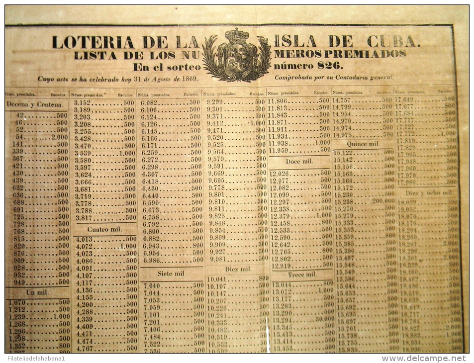 BON113 CUBA ESPAÑA SPAIN ANTILLES LOTTERY LARGE POSTER 1869 #826 44x60cm. LOTERIA - Lottery Tickets