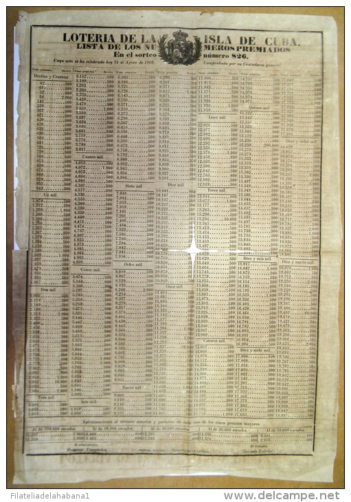 BON113 CUBA ESPAÑA SPAIN ANTILLES LOTTERY LARGE POSTER 1869 #826 44x60cm. LOTERIA - Lottery Tickets