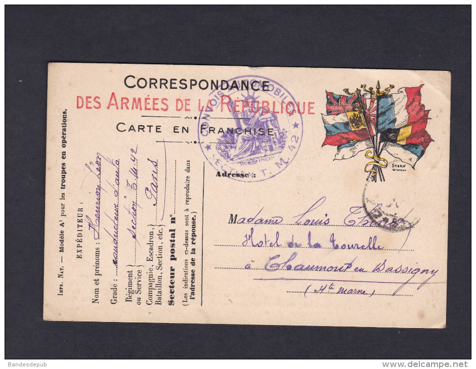 Carte Postale Franchise Militaire Henrion Leon Section T. M. 42 Paris Convois Automobiles Vers Chaumont En Bassigny - Lettres & Documents